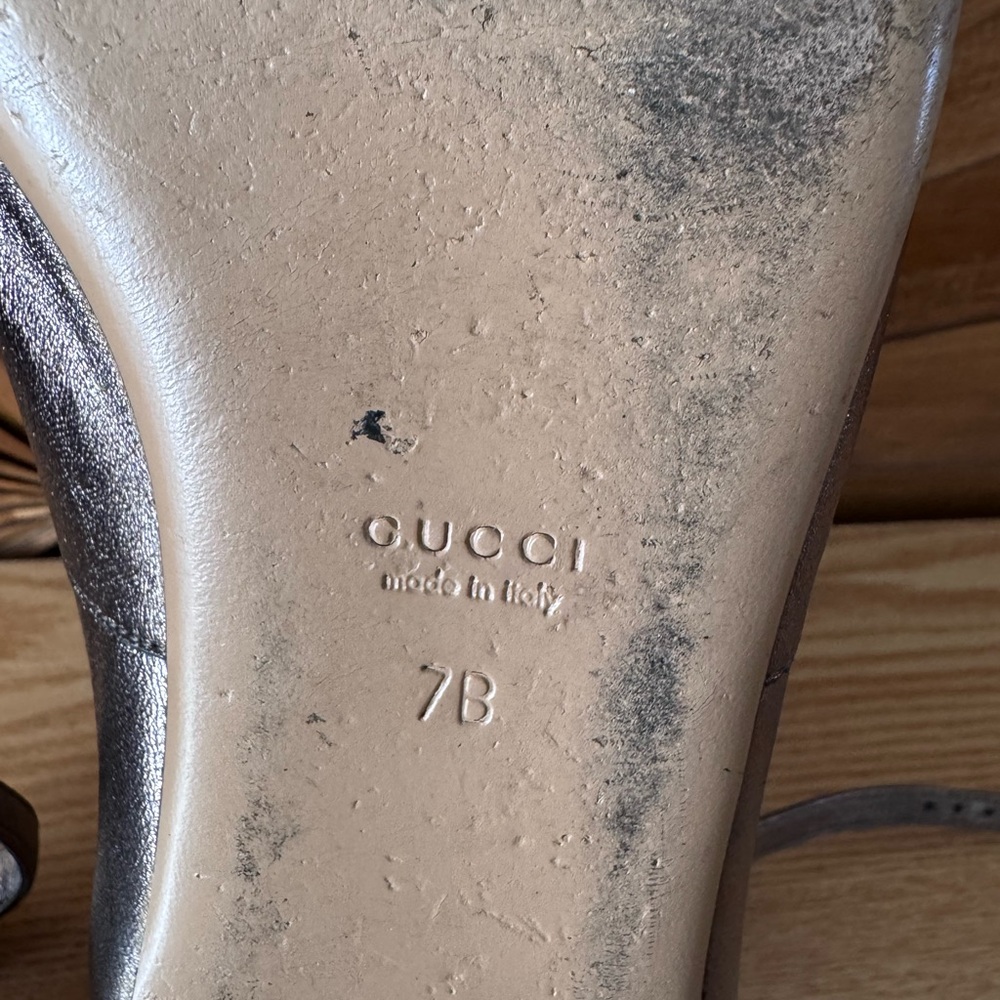 Gucci Horsebit Women 7B Ballet Flats Shoes Bronze Pewter Ankle Strap Mary Jane - Picture 8 of 11